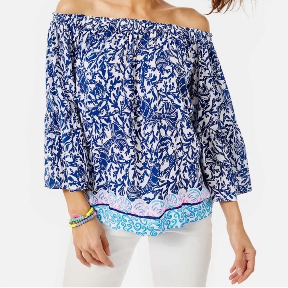 Lilly Pulitzer Nevie Off-The-Shoulder Top Oyster Bay Blue Krillin It